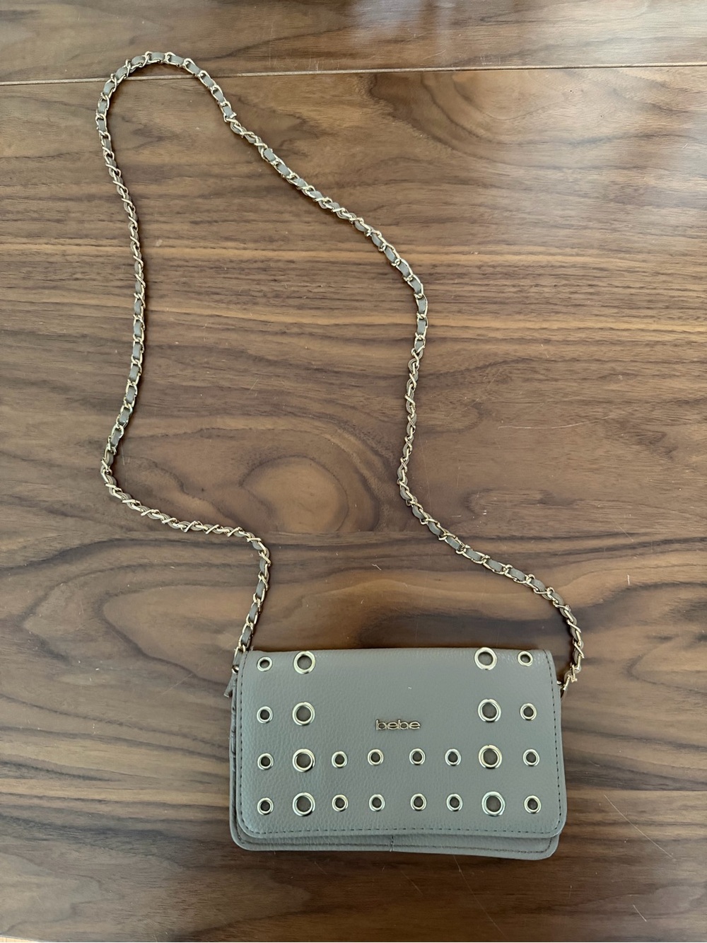 bebe Tan Eyelet Chain Crossbody Bag